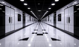 Modern black and white corridor with metallic doors and glossy floor in a minimalist design, showcasing symmetry and clean lines in architecture photo