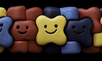 Colorful smiling gummy bear shapes arranged in a playful pattern against a dark background creating a fun and cheerful visual appeal for children and creativity projects photo