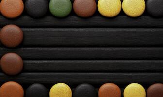 Colorful round stones arranged in a vibrant pattern on a textured black wooden background creating an abstract art design for unique decor photo