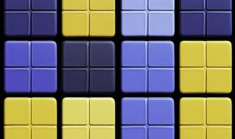 Colorful geometric arrangement of square tiles, showcasing blue and yellow shades with dark elements that create a visually appealing design pattern. photo