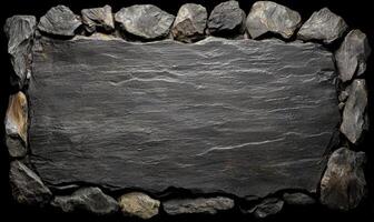 Textured slate stone surface surrounded by rugged dark stones creating a natural frame for backgrounds or design projects in various applications photo
