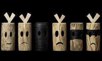 Wooden characters expressing various emotions through design, showcasing happiness, sadness, and neutrality in a creative arrangement against a dark background photo