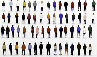 Diverse Group of People Standing Together in a Minimalist Setting, Representing Unity, Inclusivity, and Community Spirit in Various Attire Styles photo