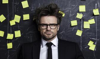 Professional man in suit with messy hair looking serious in front of a chalkboard filled with colorful sticky notes and doodles in a creative office setting photo