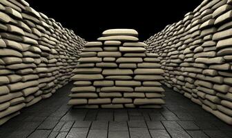 Stacked bags create a pyramid shape in narrow corridor with dark background and textured floor designed for warehouse or storage imagery photo