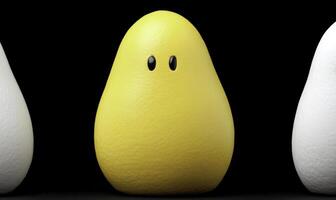 Cheerful Yellow Blob Character Standing Out Among White Plump Objects on a Black Background for Playful Creative Designs and Artistic Projects photo