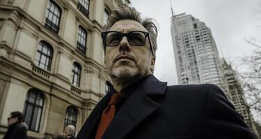 Confident Businessman in Stylish Black Coat and Red Tie Stands Tall Amid Urban Landscape with Skyscrapers in the Background and Overcast Sky photo