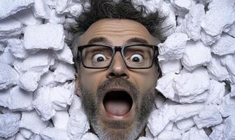 Surprised man surrounded by packing peanuts with wide eyes and open mouth exclaiming in amazement at unexpected situation shown with humor photo