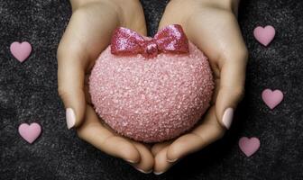 A Delicate Display of Pink Sugar Ball Wrapped in a Shiny Bow Surrounded by Heart-Shaped Candy on a Dark Textured Background photo