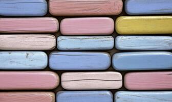 Colorful Wooden Blocks Arranged in Patterns with Soft Pastel Tones Ideal for Backgrounds, Textile Designs, and Child-Friendly Decor Projects photo
