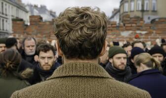 Person with curly hair stands in crowd, observing dramatic scene in urban setting, historic architecture, emotional atmosphere, people engaged in conversation photo
