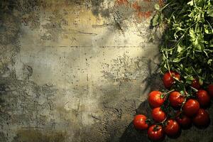 Red Tomatoes and Green Leafy Vegetables on Rustic Background photo