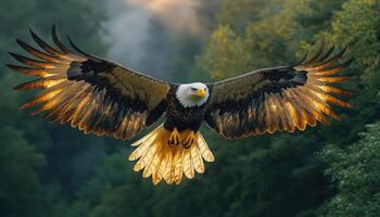 Majestic Bald Eagle Soaring Through Lush Forest photo