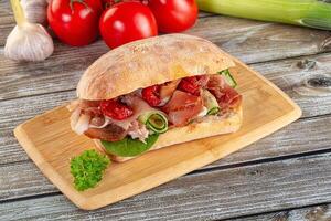 A sandwich with meat, tomatoes and herbs on a wooden cutting board photo
