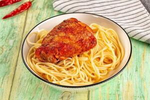 A bowl of spaghetti and meat in a white bowl photo