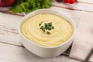 A bowl of mashed potatoes with a spoon and a bowl of vegetables photo