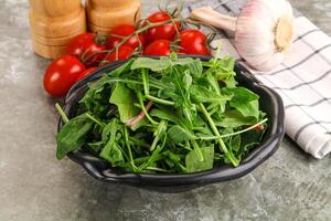 A bowl of fresh spinach and tomatoes on a table photo