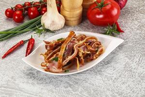 A plate of food with onions, peppers and tomatoes photo