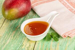 A bowl of sauce with a spoon and a mango photo