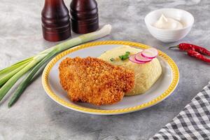 Fried chicken with mashed potatoes and pickles on a plate photo