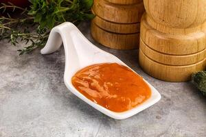 A small white dish with tomato sauce on it photo