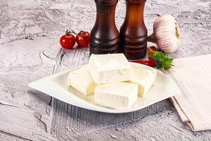 A plate of cheese and garlic on a table photo