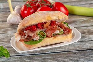 A sandwich with meat, vegetables and tomatoes on a plate photo