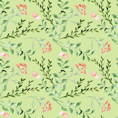 Simple floral pattern green pink color. Watercolor abstract flowers and leaves on seamless background hand drawn isolated. Gentle butterflies and plants elements for design home textile, wallpaper