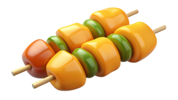 Top view of chicken skewers with yellow and orange bell peppers, isolated on transparent background. png