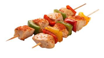 Chicken skewers with bell peppers and a drizzle of olive oil, isolated on transparent background. png