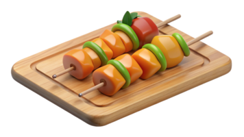 Chicken skewers with bell peppers on a wooden board, isolated on transparent background png