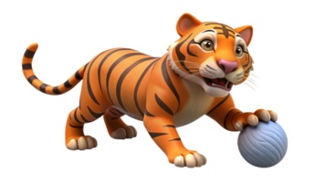 A tiger playing with a ball, swatting it with its paw, isolated on a transparent background. png