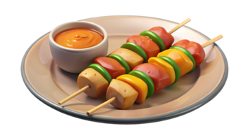 Chicken skewers with bell peppers and a side of dipping sauce, isolated on transparent background. png