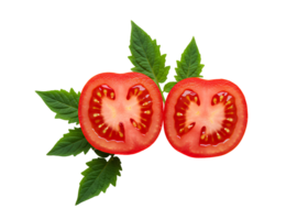 Top view flat lay of juicy tomato slices with seeds visible, isolated on transparent background for organic food visuals png