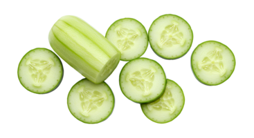 Whole cucumber and cucumber slices top view flat lay isolated on transparent background for healthy food and skincare concepts png