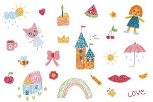 Hand drawn colorful set of simple decorative doodle elements. Various icons such as hearts, stars, speech bubbles, bows, dolls isolated on white background. vector