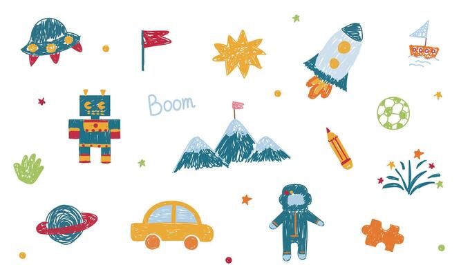 Cute set of children draw style hand drawn by a boy. Doodle sketch various icons such as robot, stars, speech bubbles, cars, rockets, lines.