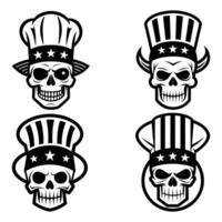set of four skull hats with american flag vector