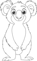 A friendly Koala is standing upright. The koala has big eyes and fluffy ears. The line drawing is simple and cute, easy to color in. png