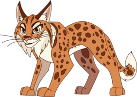 Cartoon lynx with an intense stare, poised in a dynamic pose, showcases unique spot patterns and a fluffy tail against a transparent background. png