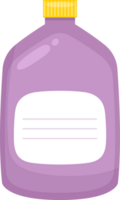 Lilac liquid in a bottle with a yellow cap and a white label with horizontal lines on the front. png
