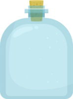 A rounded rectangular glass bottle filled with clear liquid and a tan cork stopper. Simple and inviting. png