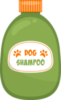 Cartoon-style, green bottle of shampoo for canines, with a orange cap and label with paw prints. png