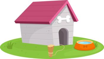 Whimsical dog house, complete with water bowl and chew toy, sits on a patch of green grass. png