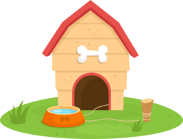 Doghouse on a grassy patch, complete with a bone decoration, water bowl, and tethering post. png