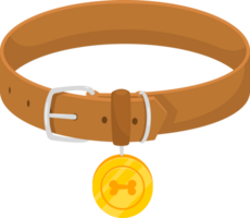 A brown pet collar with a silver buckle and a golden tag with a bone design, set against a transparent background. png