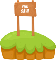 Cartoon wooden sign labeled 'For Sale' stands on a grassy patch, concept of property exchange or business. png