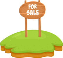 Cartoon illustration of a property for sale, featuring a grassy hill and a wooden sign. png