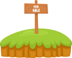 A grassy knoll with a wooden sign displaying the message FOR SALE, indicating property availability. png