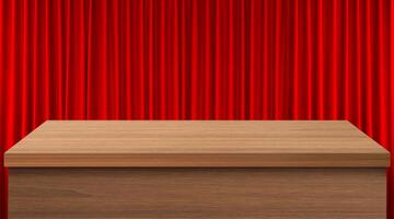 An empty wooden table with bright red curtains as a background. photo